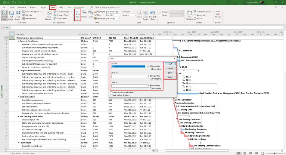 Sorting information in a view in MS Project Pro