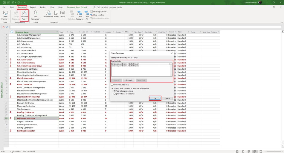 Editing the enterprise resource pool in MS Project Pro