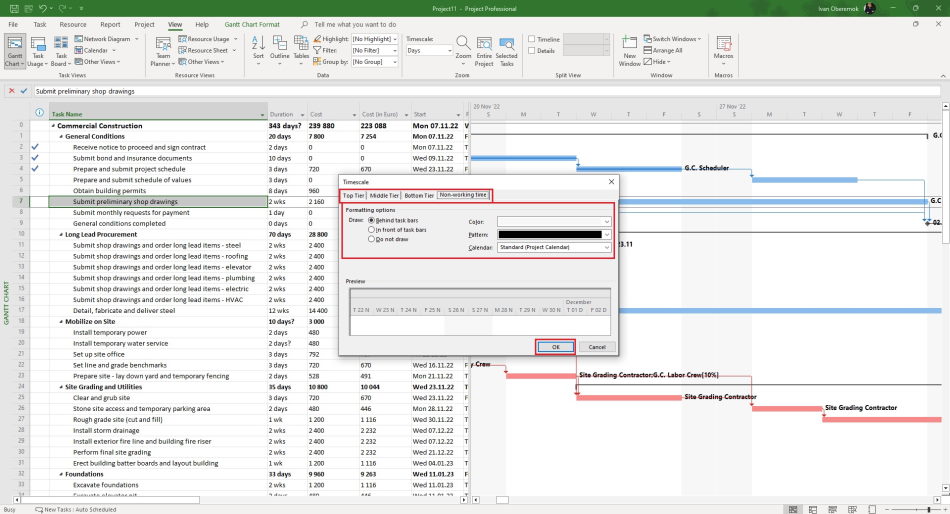 Customizing the non-working time of the timescale in MS Project Pro