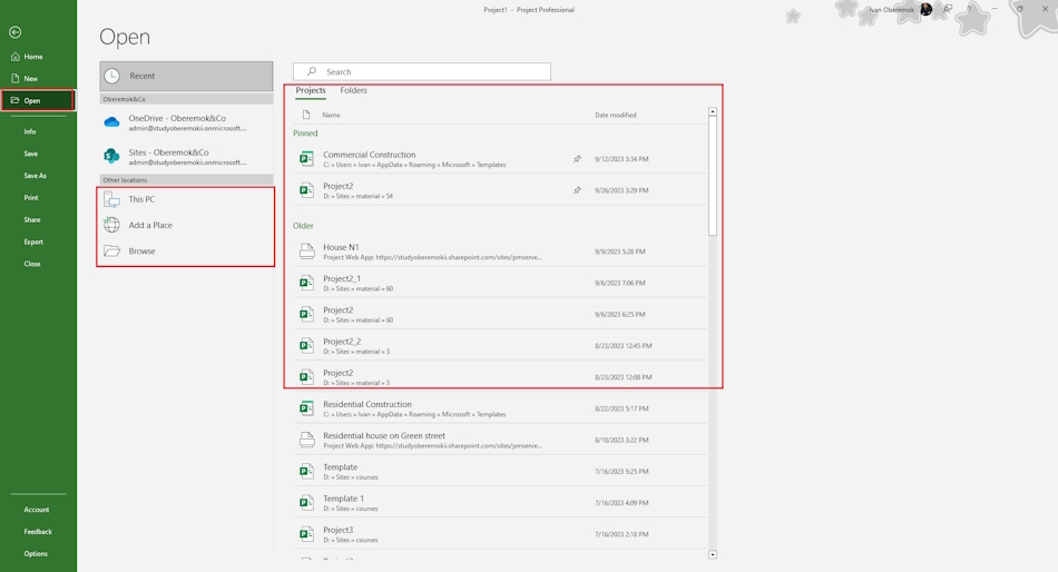 Open a plan in MS Project
