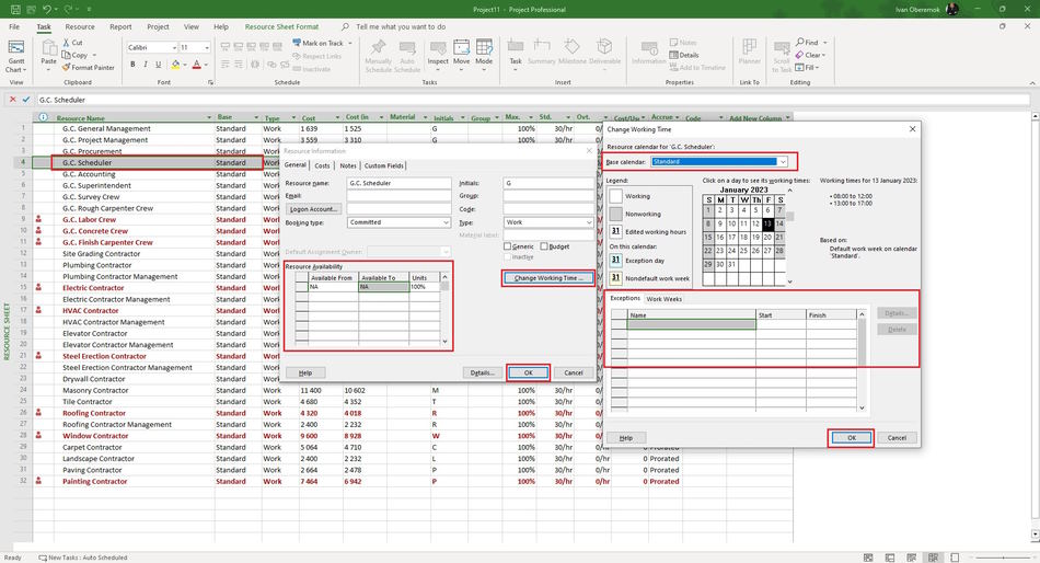 Setting a resources calendar in MS Project Pro