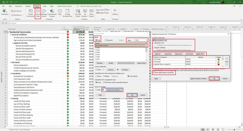Creating the graphical indicator in MS Project Pro