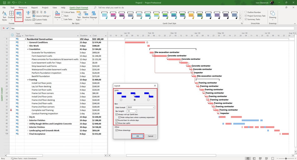 Customizing Gantt chart layout in MS Project Pro