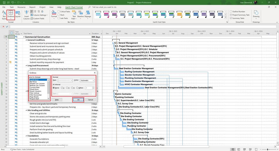 Customizing grid lines style for different data in MS Project Pro