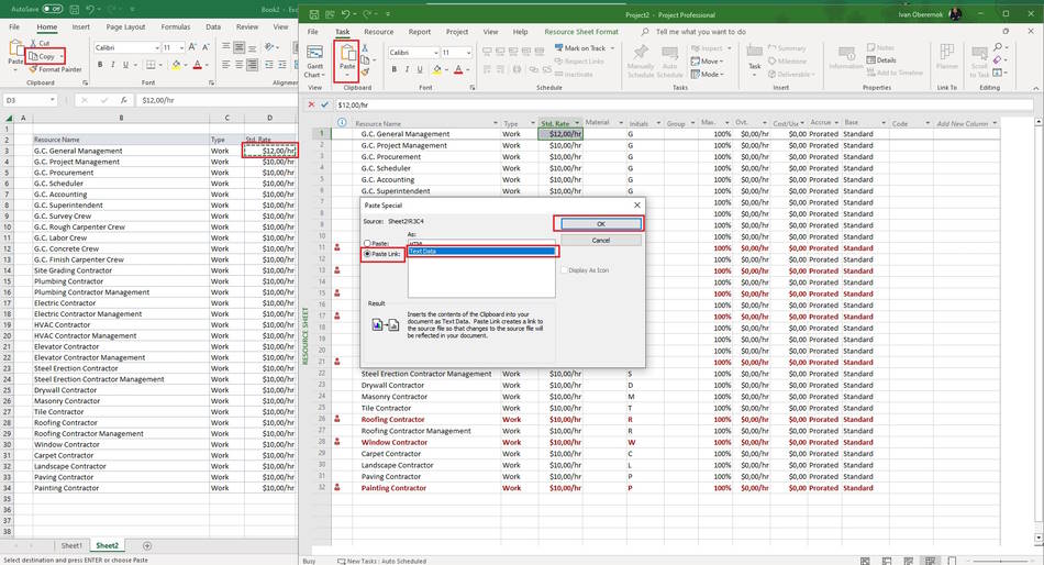 Setting links from MS Excel to MS Project Pro