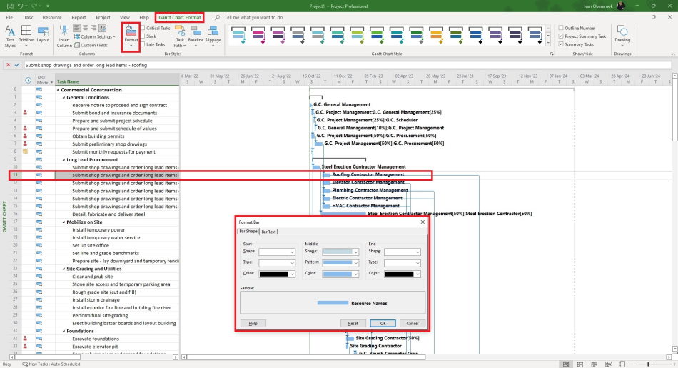 Style on the Gantt chart in MS Project Pro