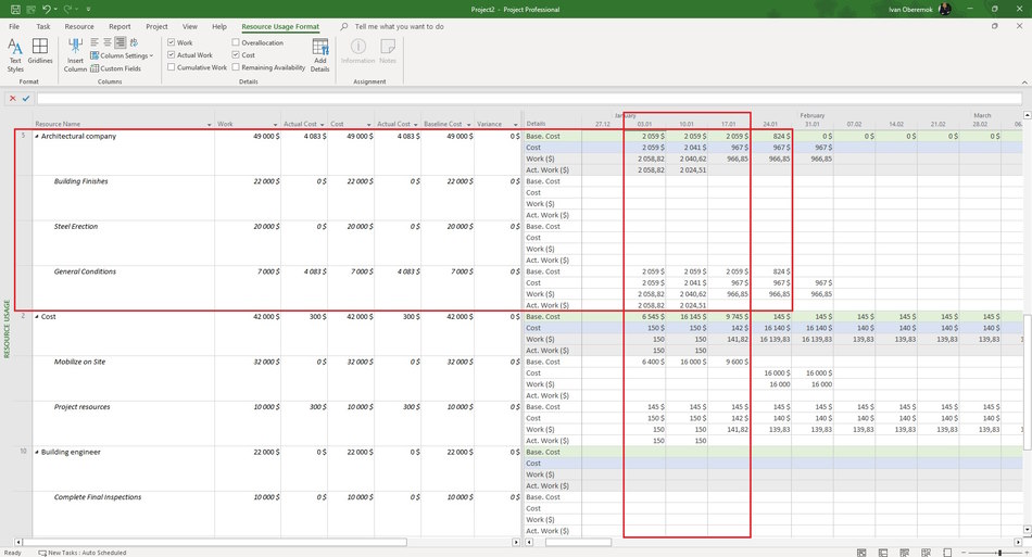 Set active costs using material type resources in the resource usage view in MS Project Pro