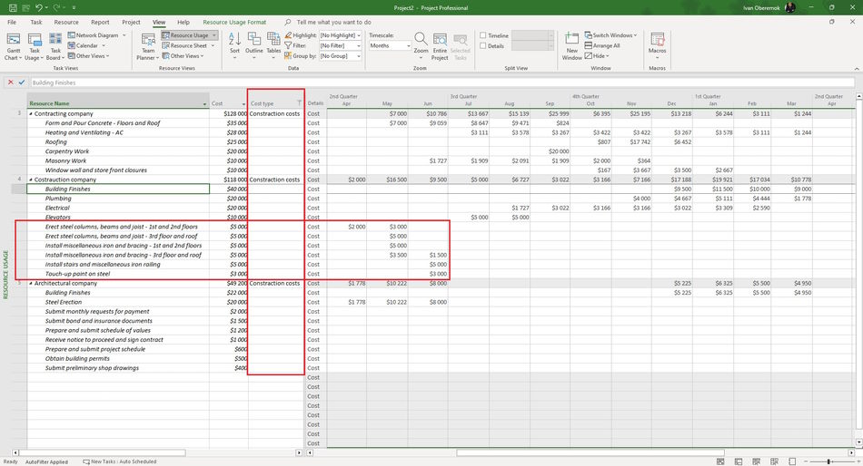 detailed description of contractors costs in the resource usage view in MS Project Pro