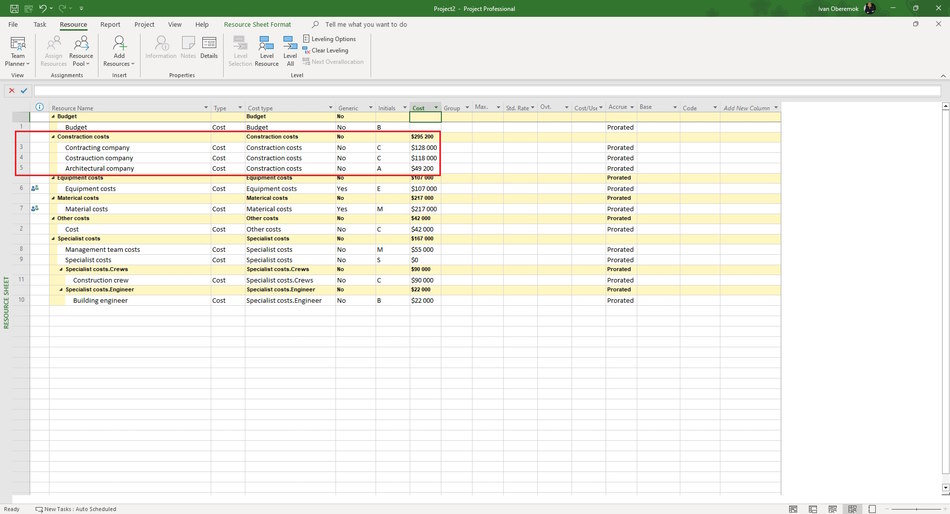 Creating contractor companies in MS Project Pro