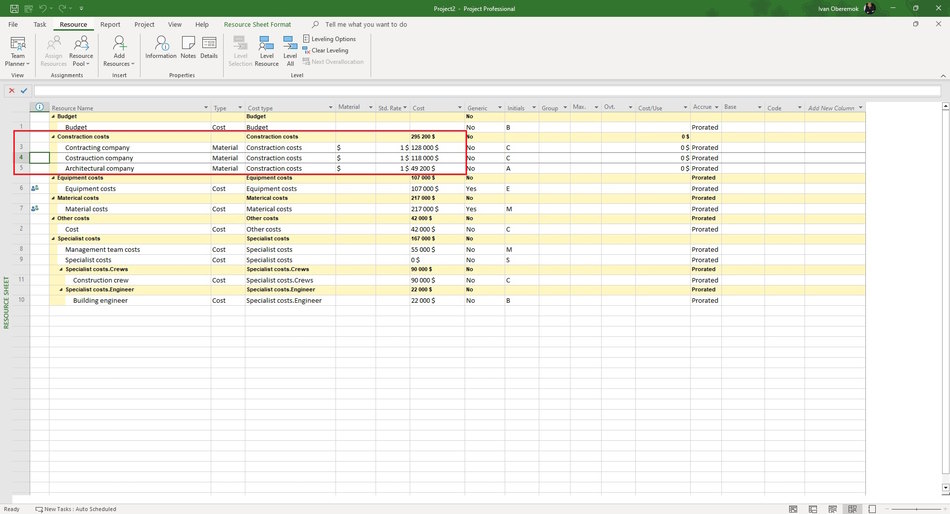 Creating contractor companies in MS Project Pro