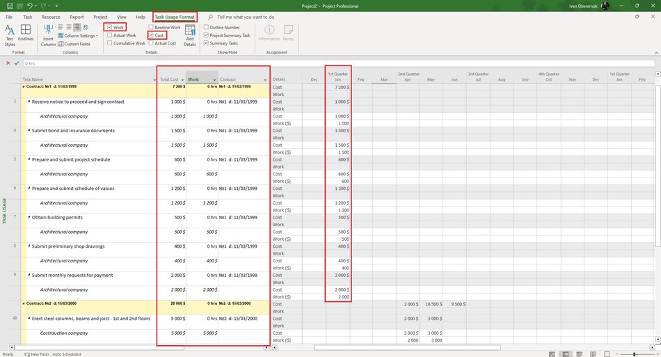 Detailed description of contractors costs using material type resources in MS Project Pro