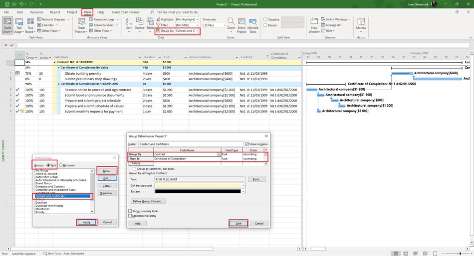 Steps to сreating of a grouping by the fields "Company" and "Certificate of Completion"