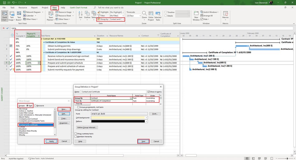 Steps to сreating of a grouping by the fields "Company" and "Certificate of Completion"
