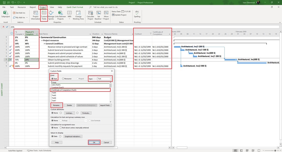 Setting actual duration and completed products for contractor tasks in MS Project Pro