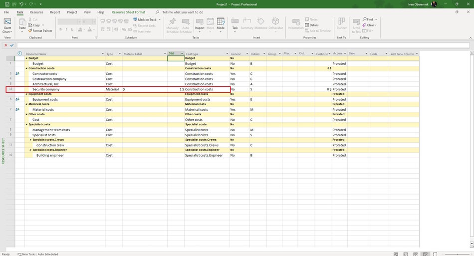 Creating contractor resources using a material resource type in MS Project Pro