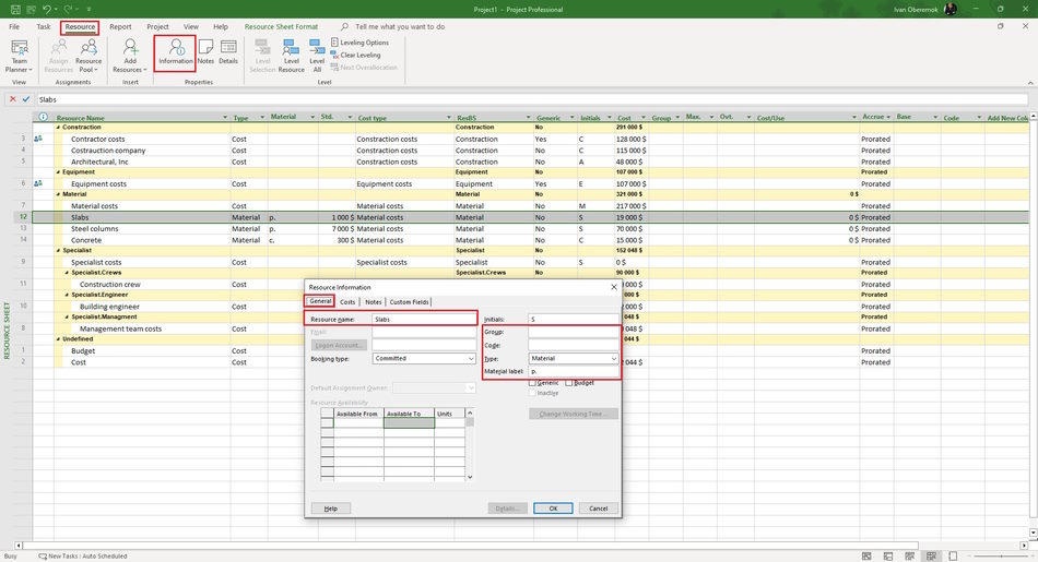 Description of material resources in MS Project Pro