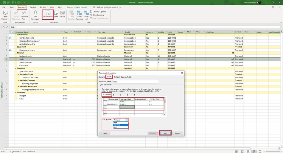Description rates of material resource in MS Project Pro