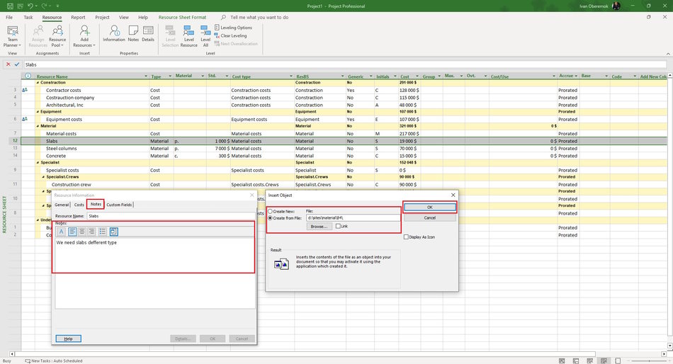 Description note of material resources in MS Project Pro