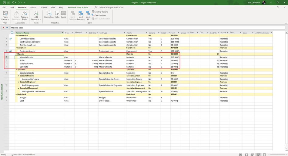Adding material resources in MS Project Pro