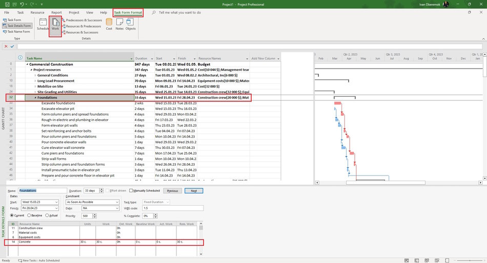 Assigning material resources in the Gantt chart view in MS Project Pro