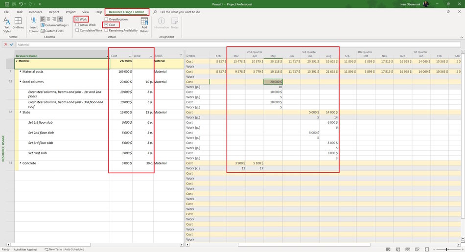 Assigning material resources in the resource usage view in MS Project Pro