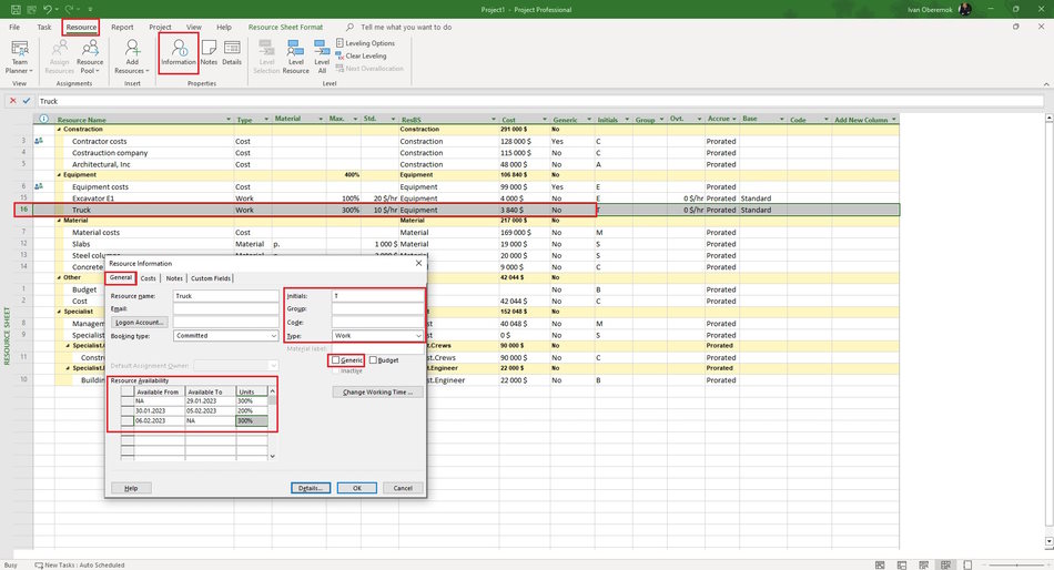 Description of equipment resources in MS Project Pro