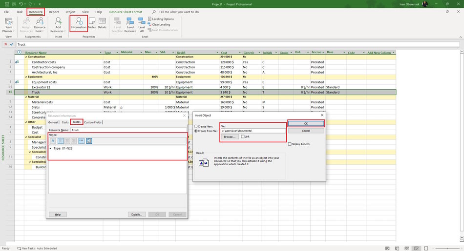 Description note of equipment resources in MS Project Pro