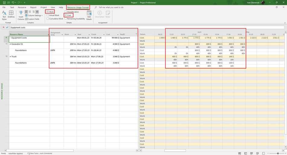 Clarification of the assignment of equipment resources in the resource usage view in MS Project Pro