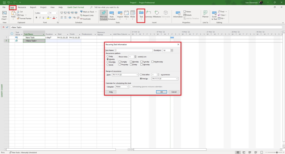 Adding recurring tasks to the plan in MS Project Pro