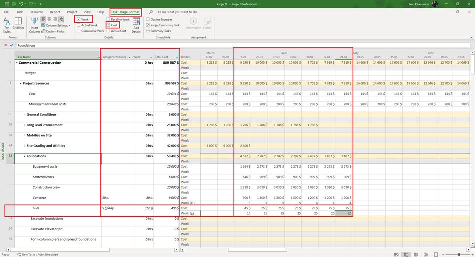 Automatic scheduling of material resources in the task usage view in MS Project Pro