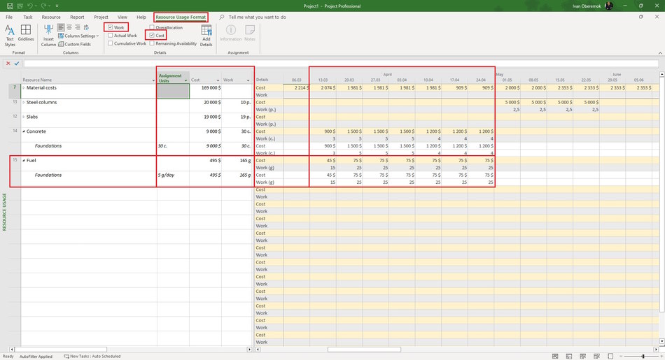 Automatic scheduling of material resources in the resource usage view in MS Project Pro