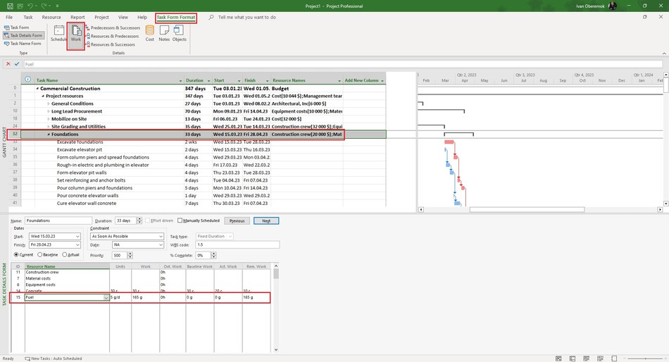 Automatic scheduling of material resources in the Gantt chart view in MS Project Pro