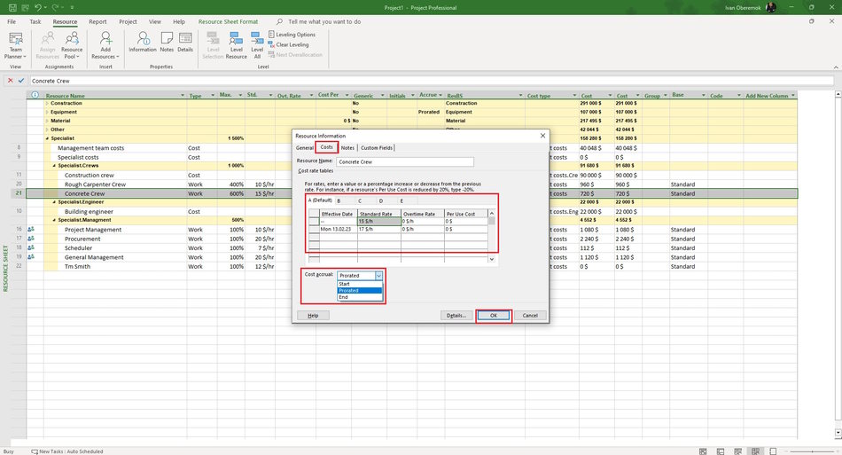 Description cost of specialist in MS Project Pro