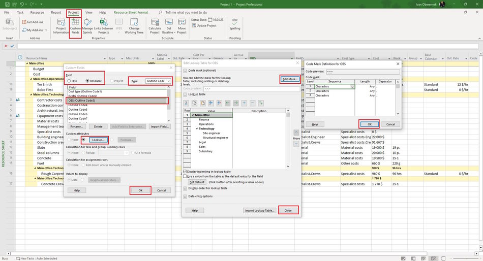 Creating a custom organizational breakdown structure (OBS) column in MS Project Pro