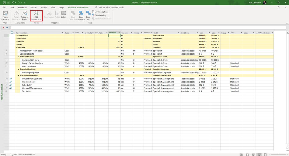 Adding specialists in MS Project Pro