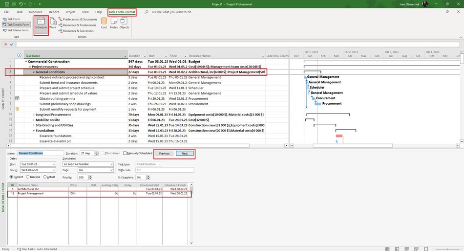Assigning specialists to tasks in the task from view in MS Project Pro