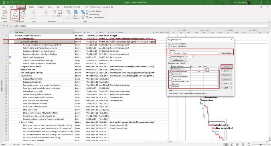 Assigning specialists to tasks in the Gantt chart view in MS Project Pro
