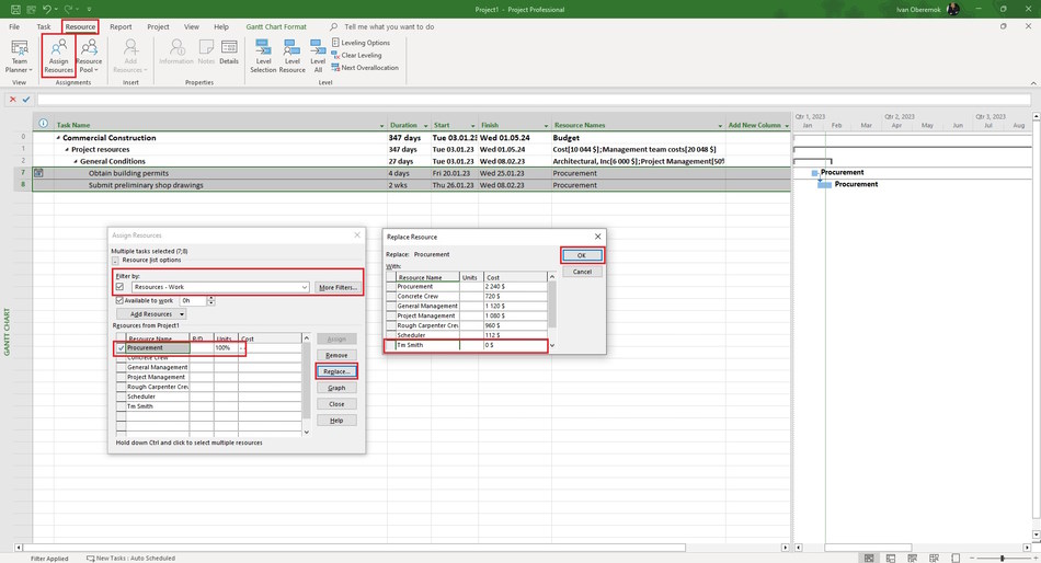 Replacing resource in the task in MS Project Pro