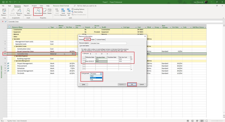 Description rates of material resource in MS Project Pro