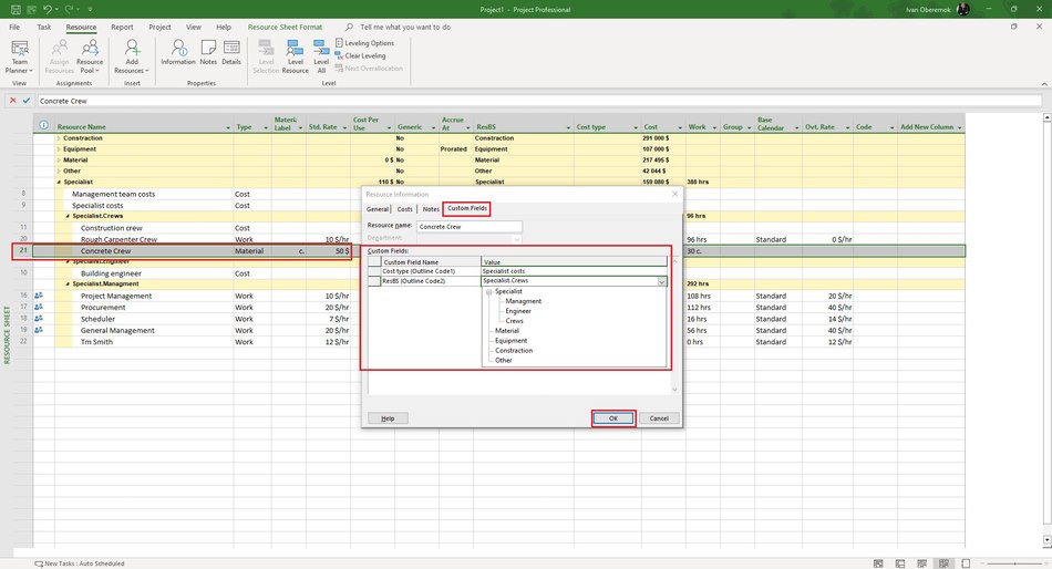 Description custom field of material resources in MS Project Pro