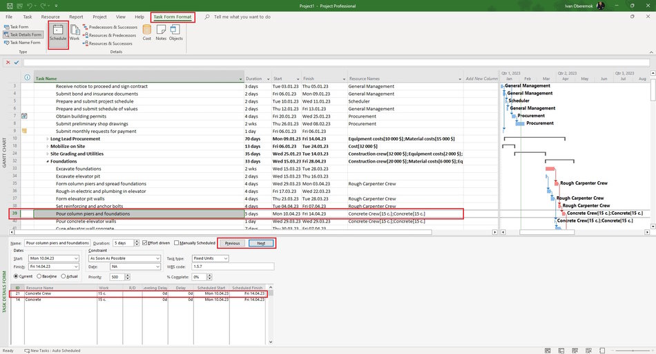 Second tool. Steps to assign crews using a material type resource in the Gantt chart view in MS Project Pro