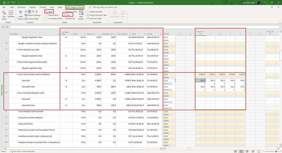 Assigning material resources in the task usage view in MS Project Pro