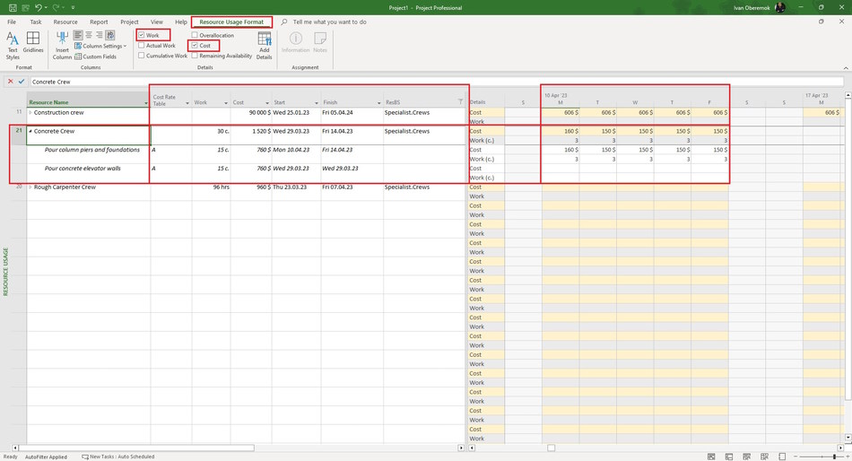 Assigning material resources in the resource usage view in MS Project Pro