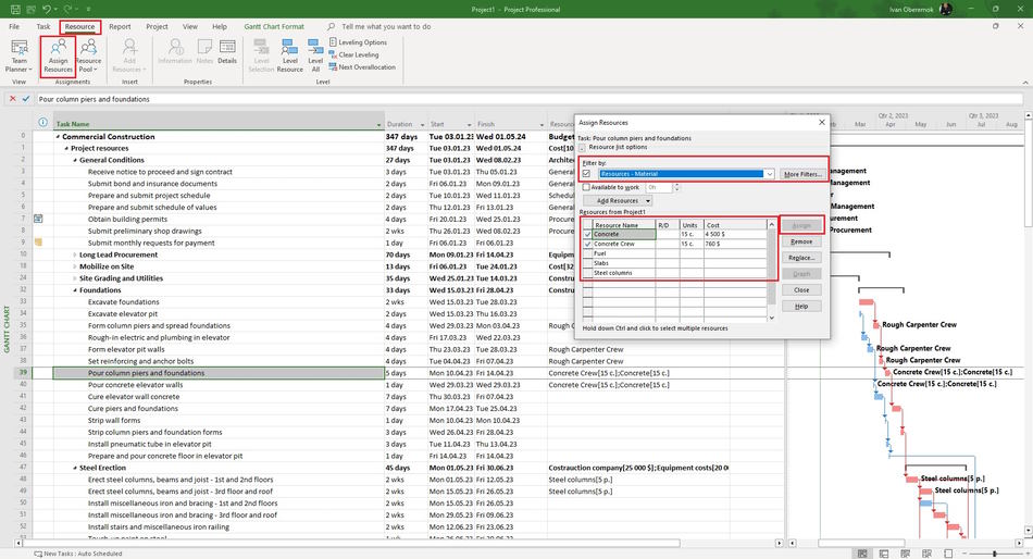 Assigning material resources in the Gantt chart view in MS Project Pro