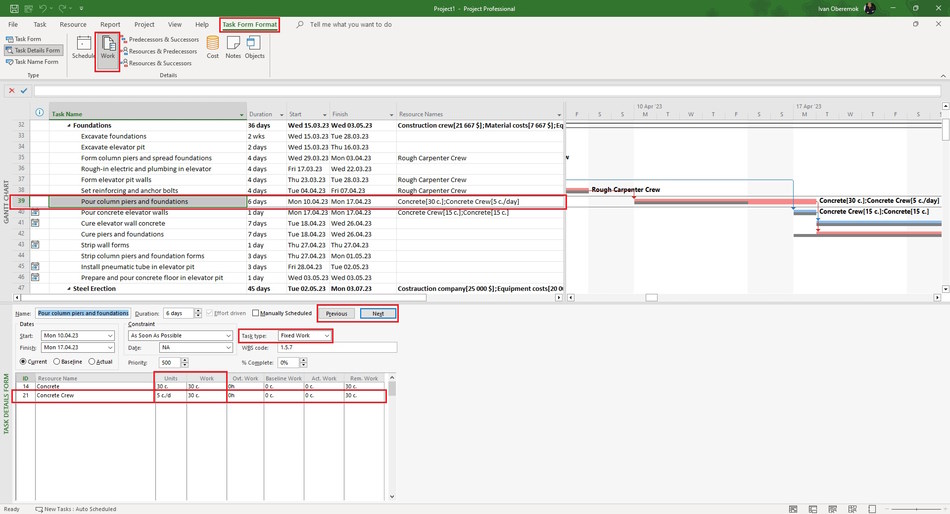 Automatic scheduling of task duration depending on the crew capacity in MS Project Pro